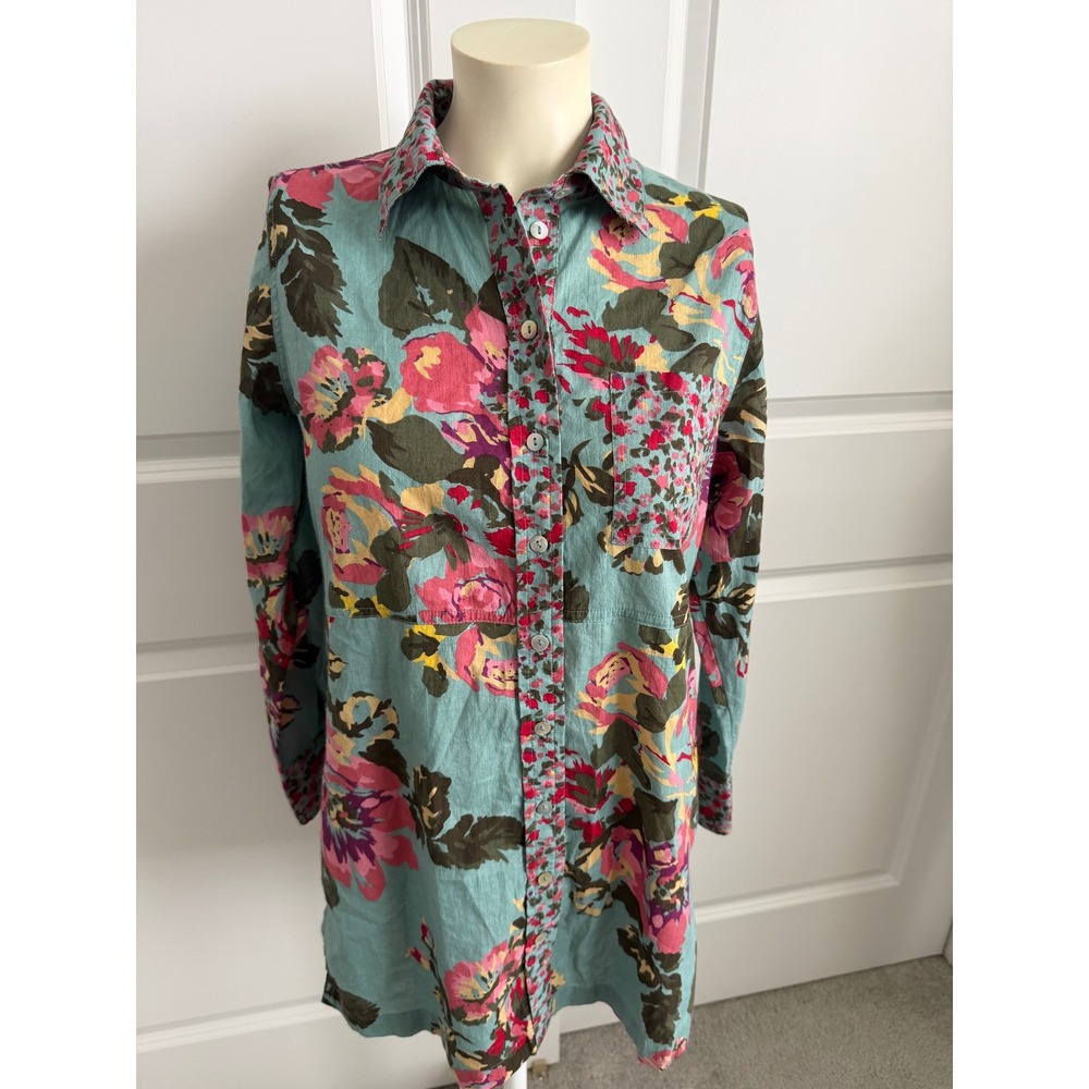 Soft Surroundings Floral Button Down Tunic Shirt Teal Pink Petite XS PXS